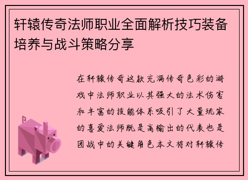 轩辕传奇法师职业全面解析技巧装备培养与战斗策略分享