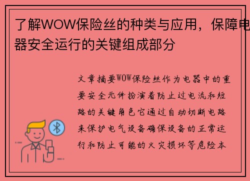 了解WOW保险丝的种类与应用，保障电器安全运行的关键组成部分